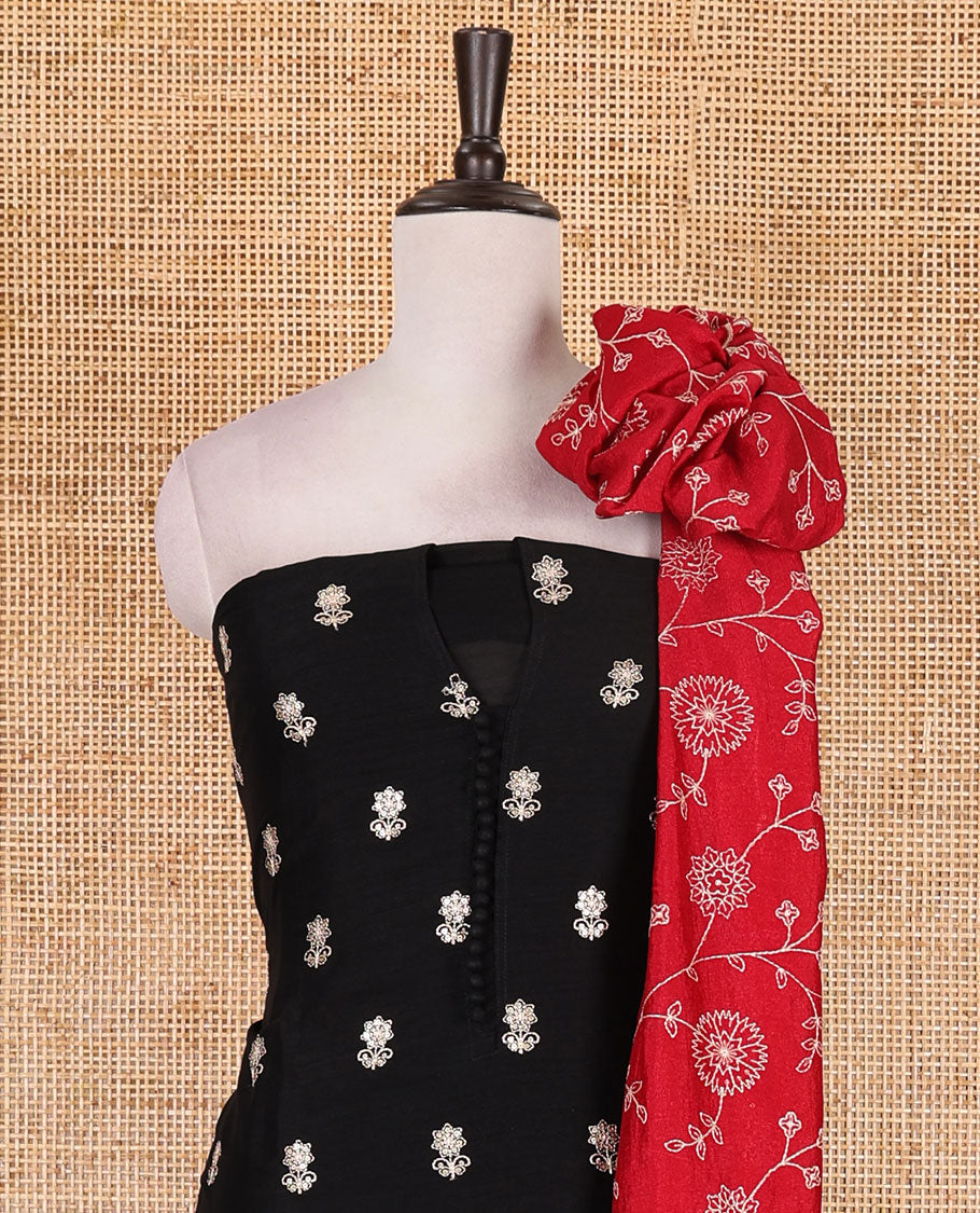 Black Vichitra silk material churidar set, floral motifs embroidered top, contrast Santoon bottom, and floral vine thread embroidered scallop dupatta