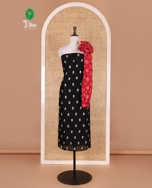 Black Vichitra silk material churidar set, floral motifs embroidered top, contrast Santoon bottom, and floral vine thread embroidered scallop dupatta