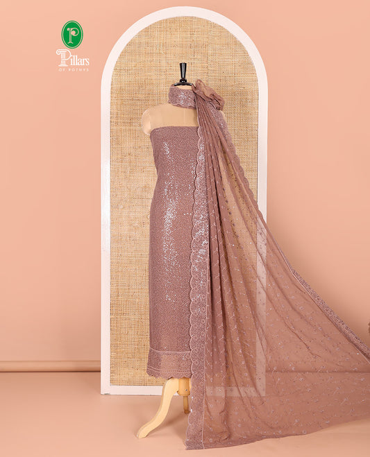 Chocolate Brown Material Chudidar Set Features Sequin Embroidered Georgette Top, a Plain American Crepe Bottom, and a Scallop Dupatta Embellished with Floral Vine Embroidery