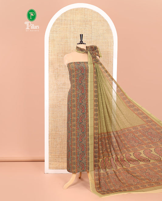 Light Mehendi Material Chudidar Set Intricately Printed with Paisley Motifs on the Italian Crepe Top, Subtly Negative Printed Bottom, and Italian Crepe Dupatta of the Same Paisley Prints