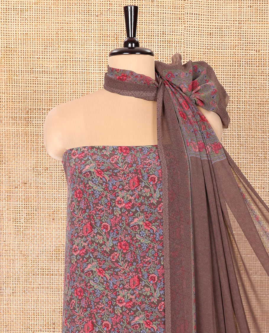 Onion Pink Material Chudidar Set, Elegantly Decorated with Floral Print on Its Italian Crepe Top, Italian Crepe Bottom, and Georgette Dupatta of Floral Print