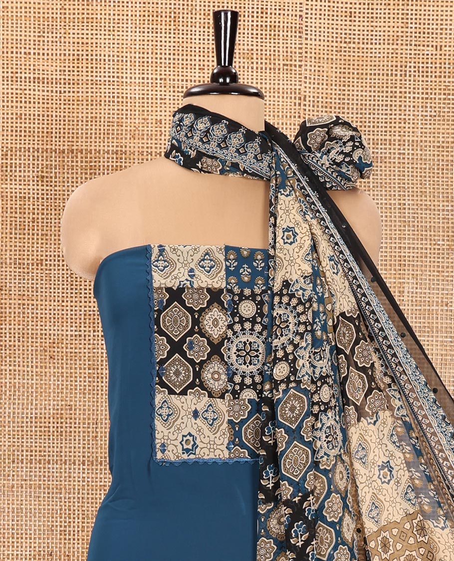 Blue Material Chudidhar Set, Embellished with Ajrakh-Style Print and Mirror Work Fox Georgette Top, Santoon Plain Bottom, and Georgette Dupatta of Ajrakh Print and Mirror Work