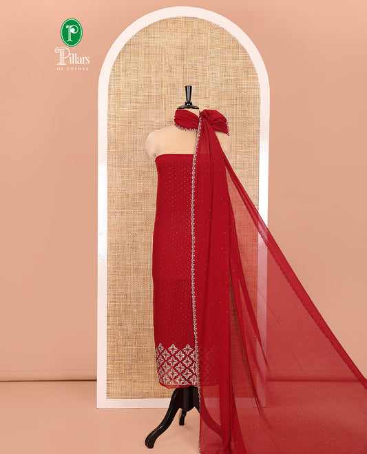 Red Material Churidar Set, Swarovski Stone Work Fox Georgette Top, Comes with a Plain Santoon Bottom, and a Scallop Swarovski Stone Work Fox Georgette Dupatta