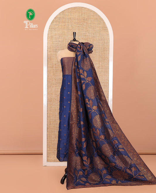 Blue Material Churidar Set, Decked Up with Zari Buttas Woven on Its Semi-Silk Top, Comes with a Plain Santoon Bottom, and a Semi-Silk Floral Jaal Zari Jacquard Dupatta
