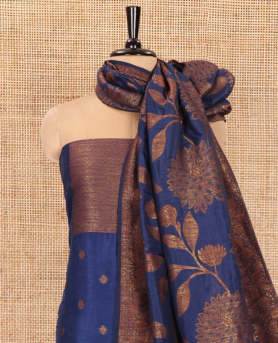 Blue Material Churidar Set, Decked Up with Zari Buttas Woven on Its Semi-Silk Top, Comes with a Plain Santoon Bottom, and a Semi-Silk Floral Jaal Zari Jacquard Dupatta