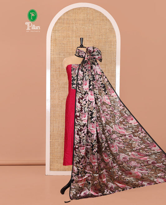 Rani Pink Mustard Material Churidar Set, Enthralled with Stone Work and Floral Patch Neck Work on Vichitra Silk Top, Comes with a Plain Santoon Bottom, and Is Paired with a Contrast Floral Printed Dupatta