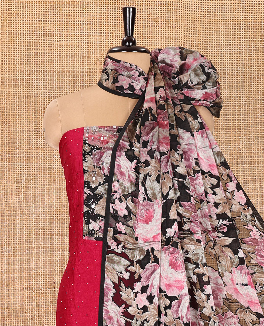 Rani Pink Mustard Material Churidar Set, Enthralled with Stone Work and Floral Patch Neck Work on Vichitra Silk Top, Comes with a Plain Santoon Bottom, and Is Paired with a Contrast Floral Printed Dupatta