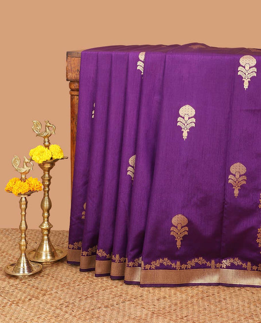 Purple banaras style mango butta dola raw silk saree with bavanji border & bavanji temple style pallu along with geometrical design blouse