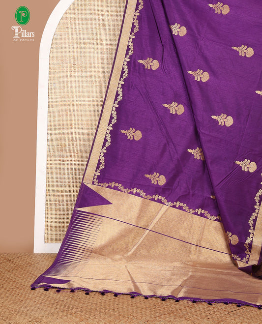 Purple banaras style mango butta dola raw silk saree with bavanji border & bavanji temple style pallu along with geometrical design blouse