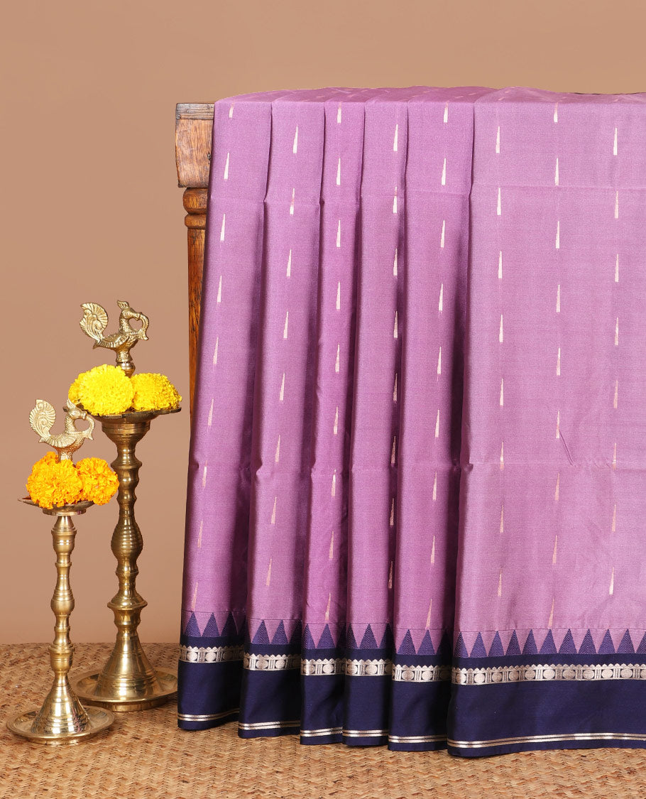 Purple zari butta semi soft silk saree with rettai pettu, temple border grand pallu along with plain blouse