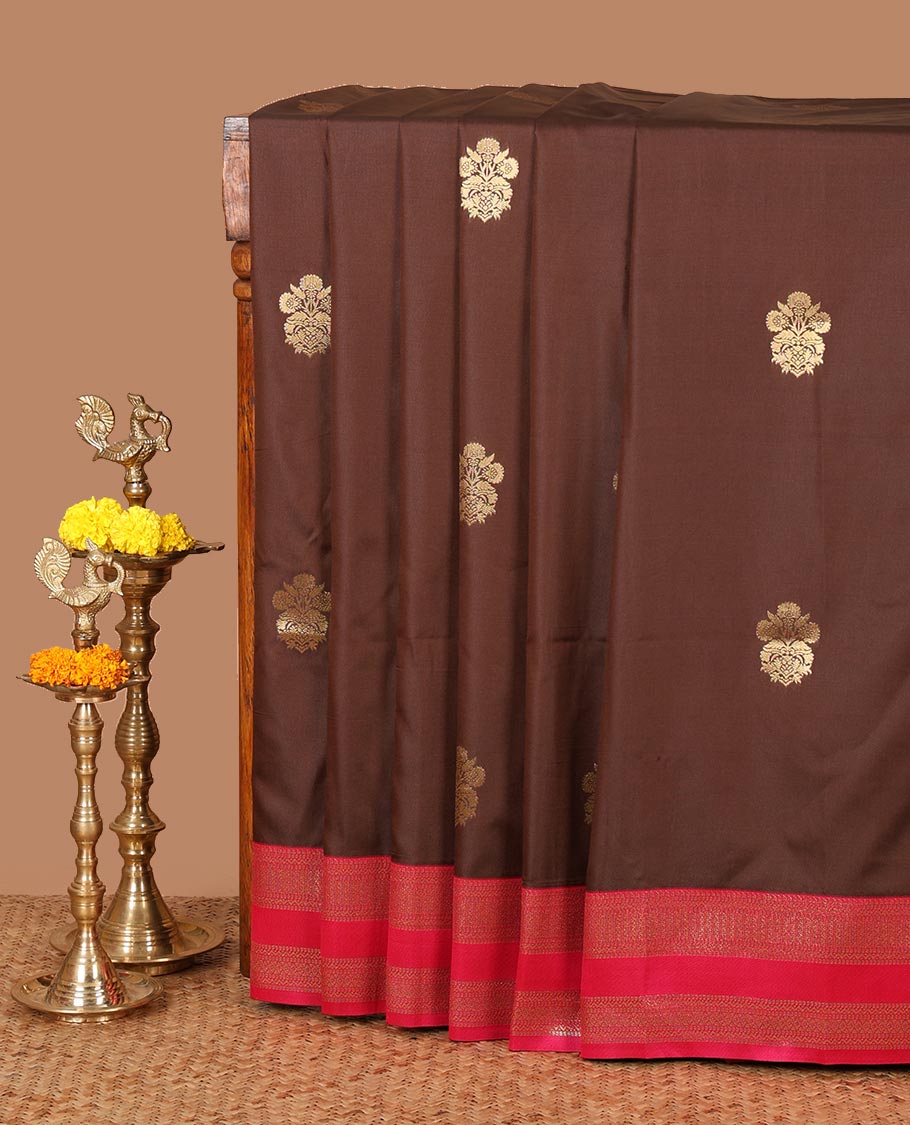 Brown zari buttas semi-soft silk saree, contrast rettai pettu traditional zari border & grand ogee patterned pallu