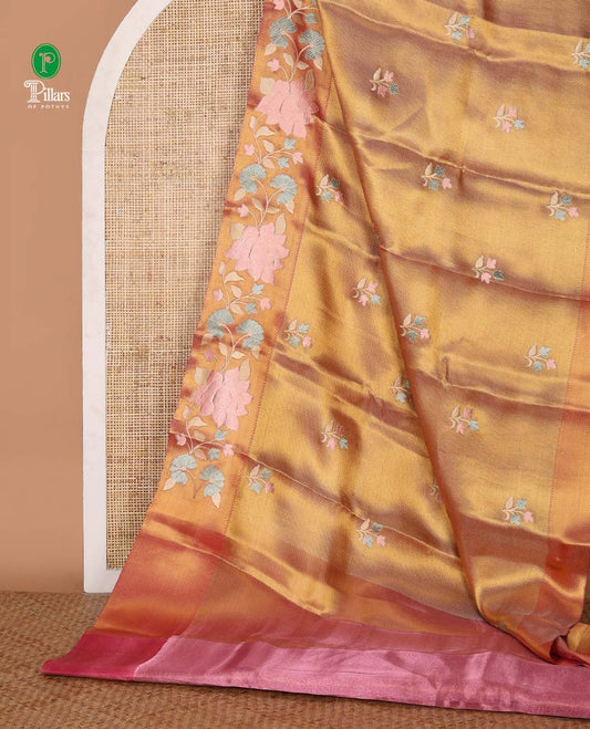 Pink floral embroidery celebrity tissue saree, contrast pastel multi-color floral creeper embroidery border & contrast blouse