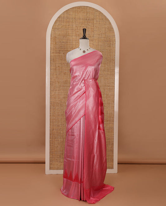 Pink stripes zari jacquard softy saree with temple traditional zari border, rich pallu & matching zari blouse