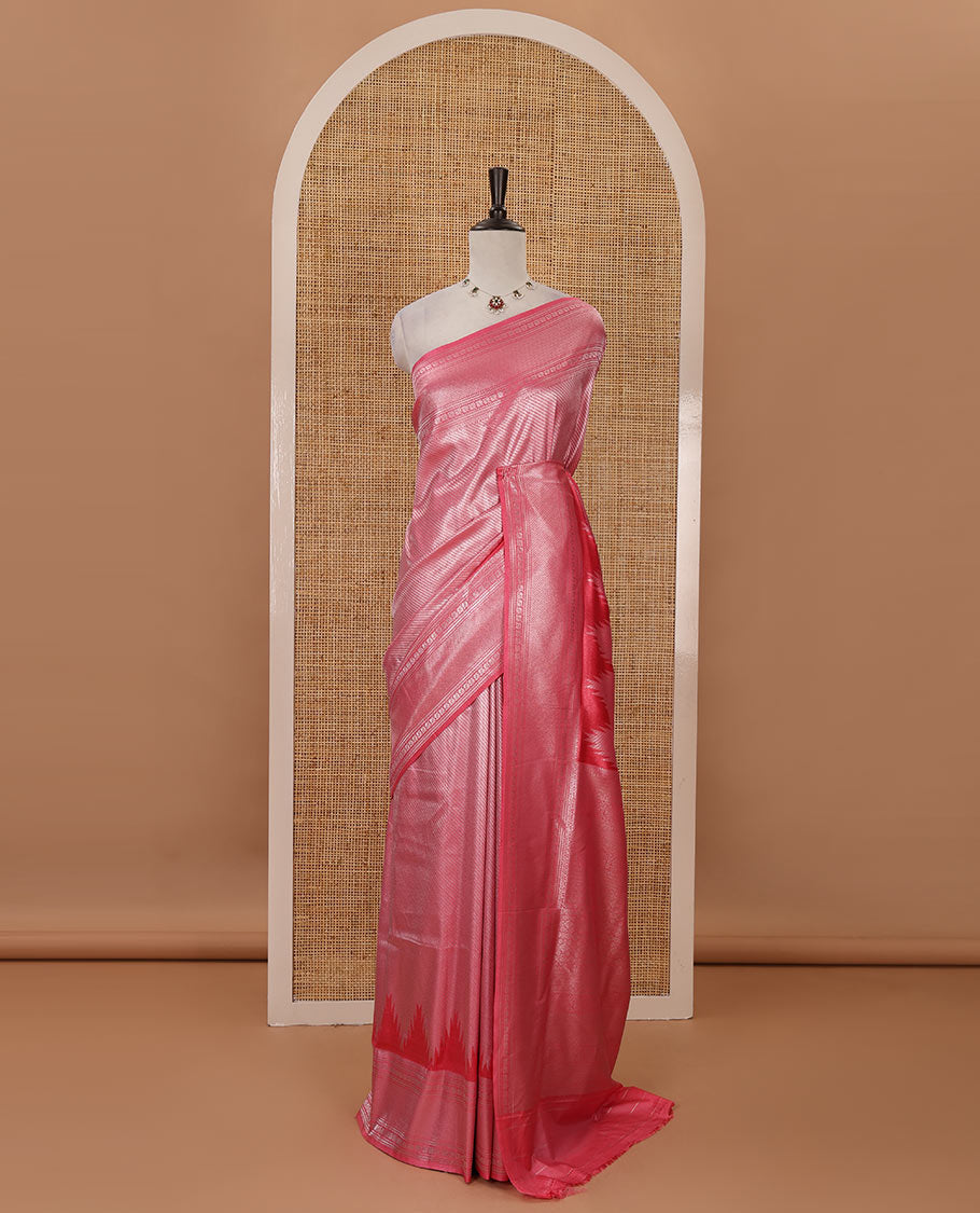 Pink stripes zari jacquard softy saree with temple traditional zari border, rich pallu & matching zari blouse