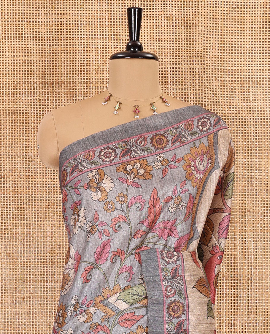 Grey kalamkari floral vine printed fancy tussar saree, floral printed border, Tree of life printed pallu, and a matching blouse