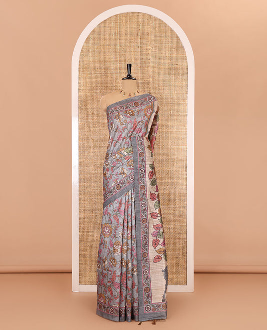 Grey kalamkari floral vine printed fancy tussar saree, floral printed border, Tree of life printed pallu, and a matching blouse