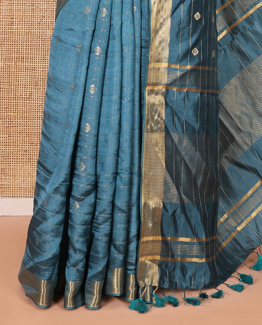 Peacock color zari buttas and striped banana pith saree, bavanji border, zari striped pallu, and a matching blouse