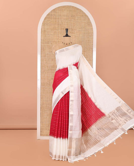 Rani Pink Assam Silk Saree, Enriched with Horizontal Zari Stripes All Over Its Body, Complemented by a Contrast Traditional Zari Design Rettai Pettu Border, Grand Zari Striped Pallu, and Paired with a Contrast Blouse