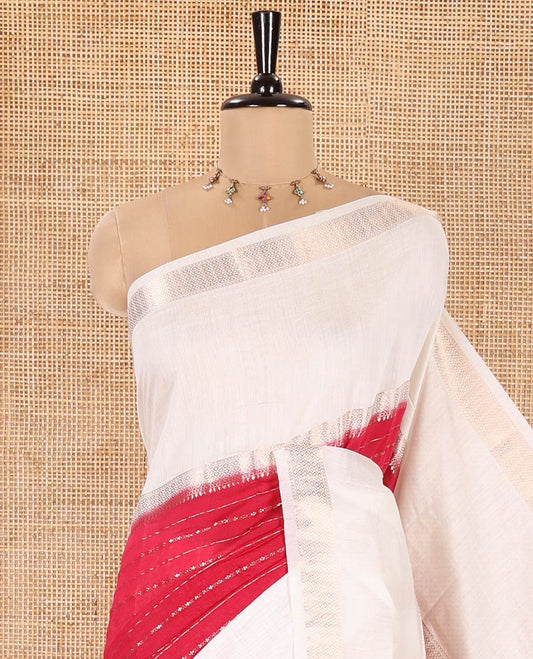 Rani Pink Assam Silk Saree, Enriched with Horizontal Zari Stripes All Over Its Body, Complemented by a Contrast Traditional Zari Design Rettai Pettu Border, Grand Zari Striped Pallu, and Paired with a Contrast Blouse