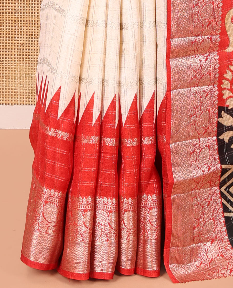 Off-White Fancy Georgette Saree, Subtly Enriched with Zari Designs, Complemented by a Contrast Ganga-Jamuna Zari Temple Border of Traditional Designs, Pallu of Paisleys, and Paired with a Contrast Blouse