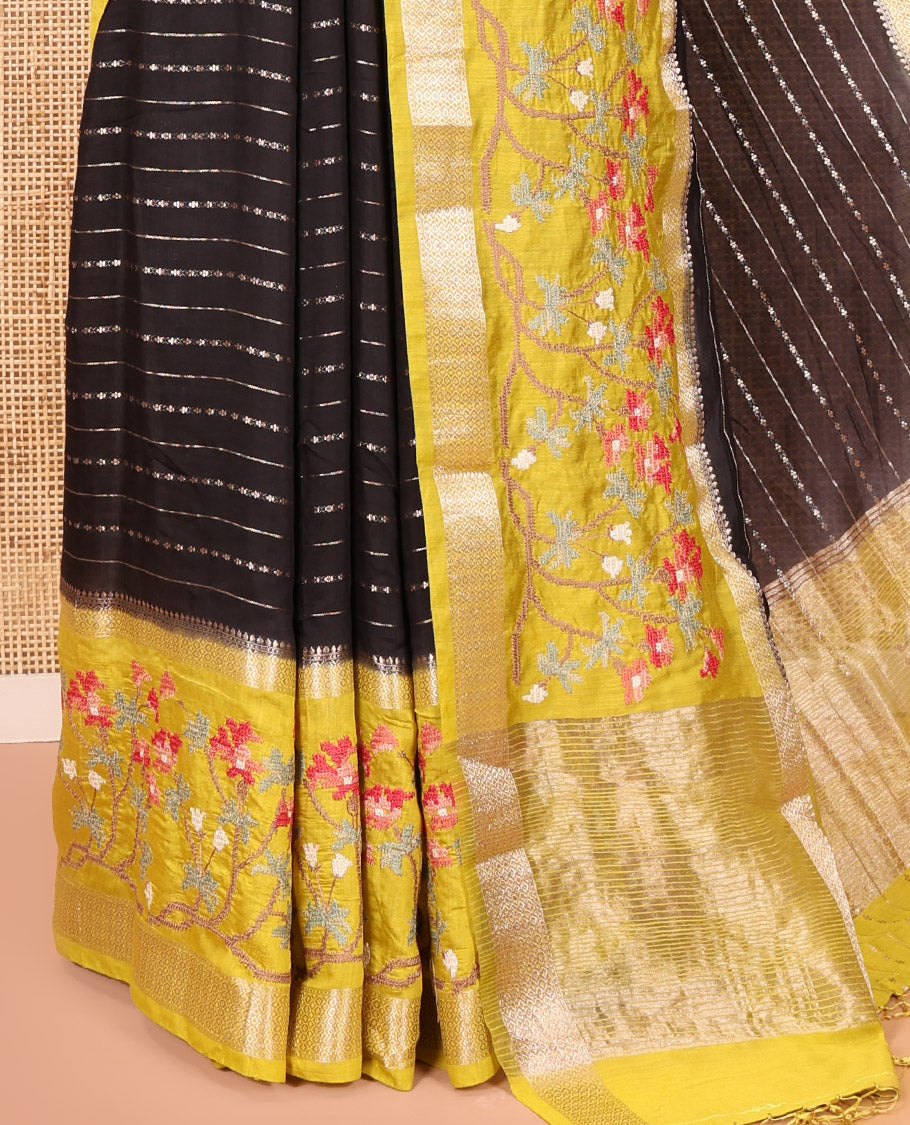 Black Assam Silk Saree Featuring Horizontal Zari Stripes, Contrast Floral Embroidered Border, Zari Striped Pallu, and a Contrast Blouse