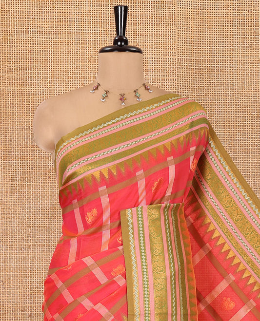 Pink Litchi Chettinad Saree Features Zari Design, Contrast Traditional Border, Contrast Blouse