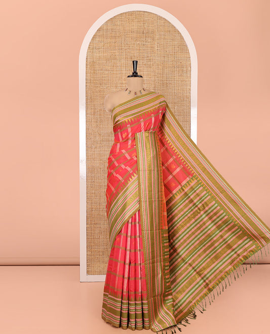Pink Litchi Chettinad Saree Features Zari Design, Contrast Traditional Border, Contrast Blouse