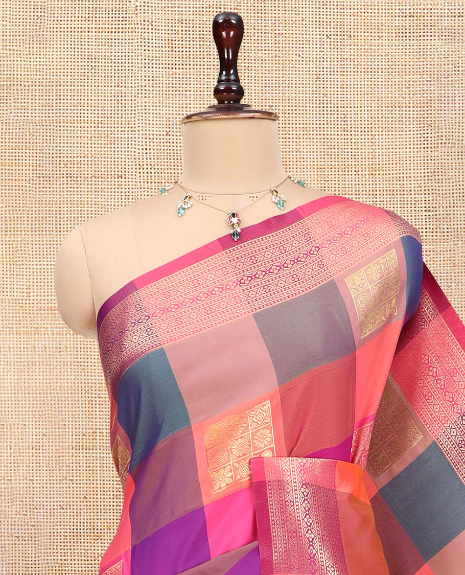 Multi-Color Palum Pazhamum Checked Fancy Soft Silk Saree, Graced with Zari Buttas, a Zari Border, Rich Pallu, a Matching Blouse