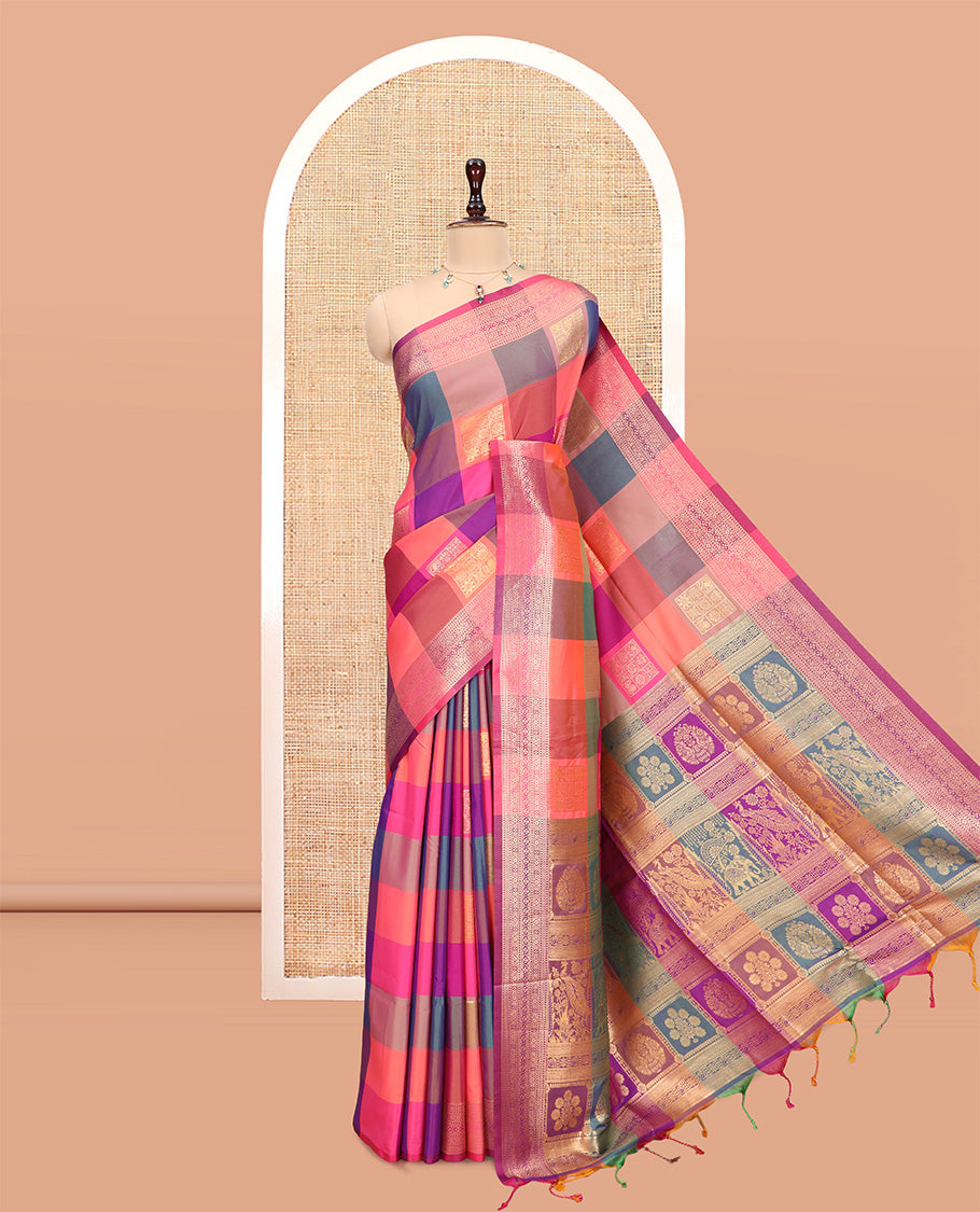 Multi-Color Palum Pazhamum Checked Fancy Soft Silk Saree, Graced with Zari Buttas, a Zari Border, Rich Pallu, a Matching Blouse