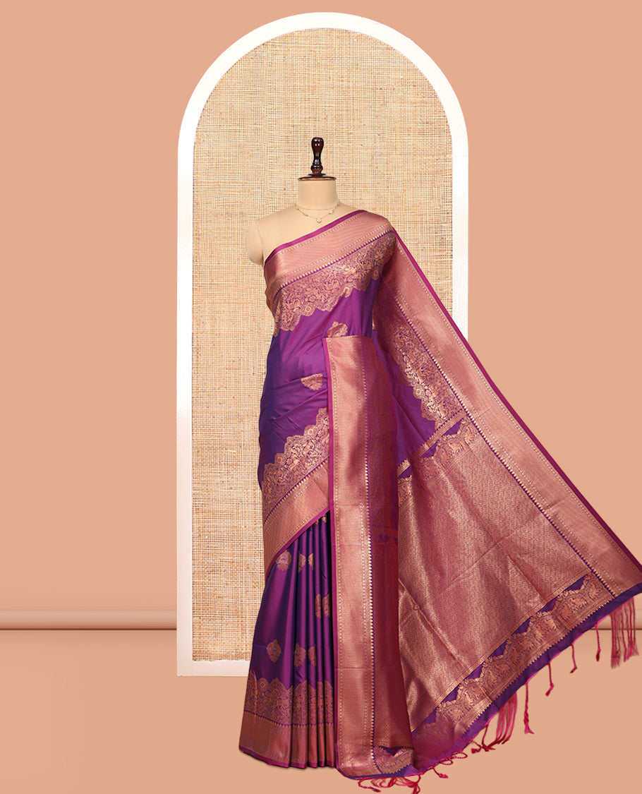 Purple Zari Buttas Soft Silk Saree, Animal Motif Zari Border, Grand Pallu, Matching Blouse