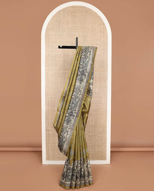 Green madhubani style printed silk saree with self border & madhubani style design pallu