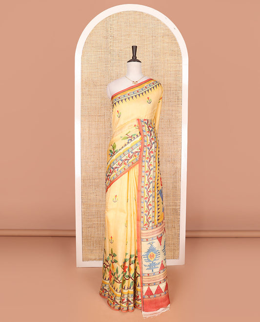 Yellow floral-theme printed saree, colorful floral motifs printed border, and intricate pallu