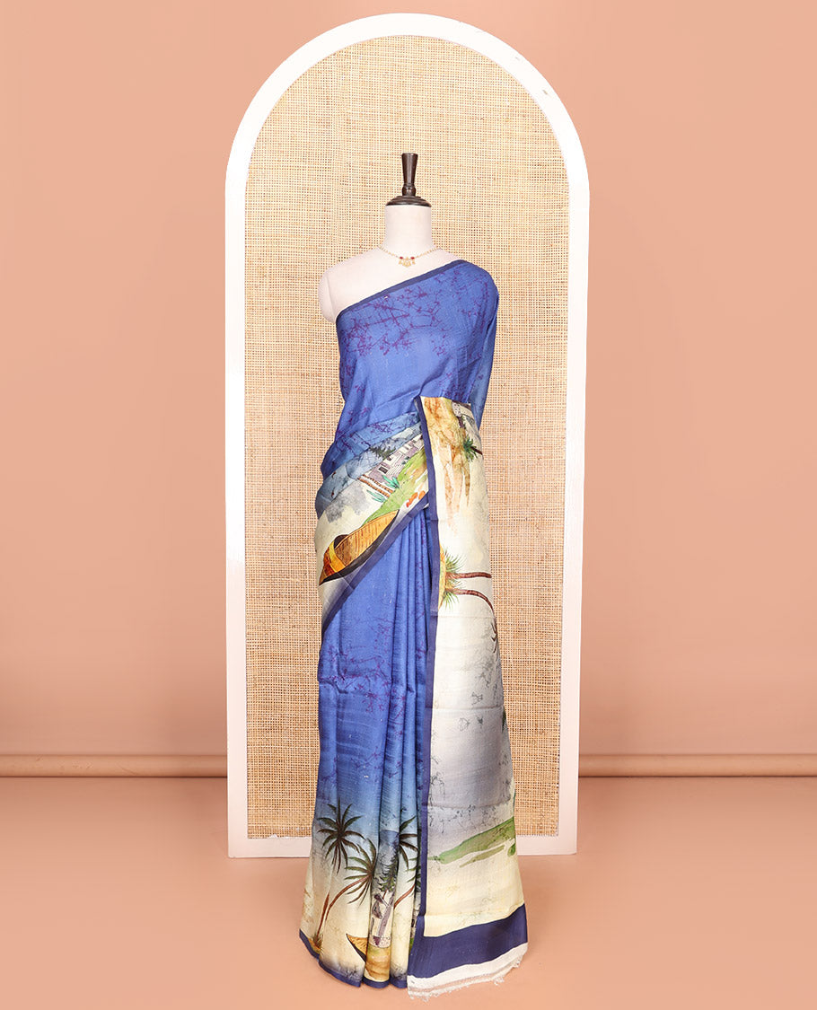 Blue island theme motifs batik printed saree features coconut trees, sea shore and boat motifs