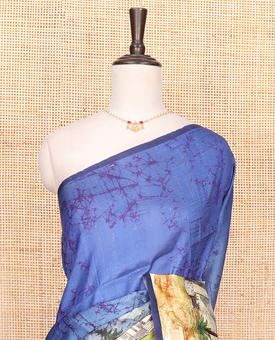 Blue island theme motifs batik printed saree features coconut trees, sea shore and boat motifs