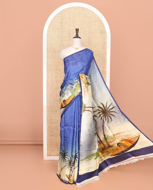 Blue island theme motifs batik printed saree features coconut trees, sea shore and boat motifs