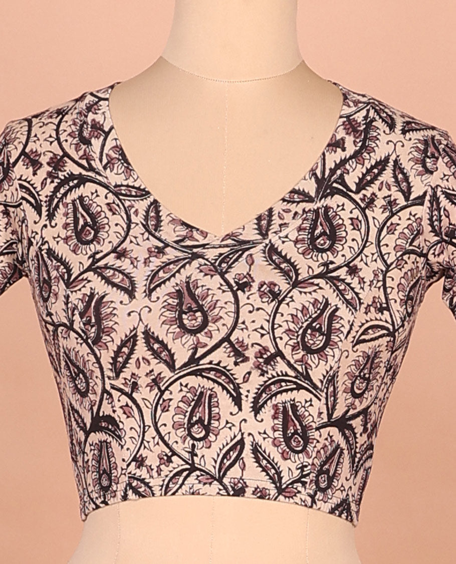 Light sandal floral printed front and back leaf neck elbow sleeve cotton readymade blouse