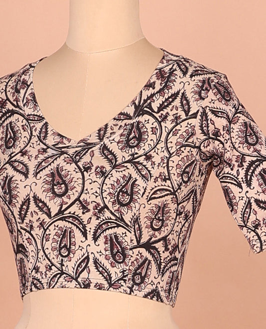 Light sandal floral printed front and back leaf neck elbow sleeve cotton readymade blouse