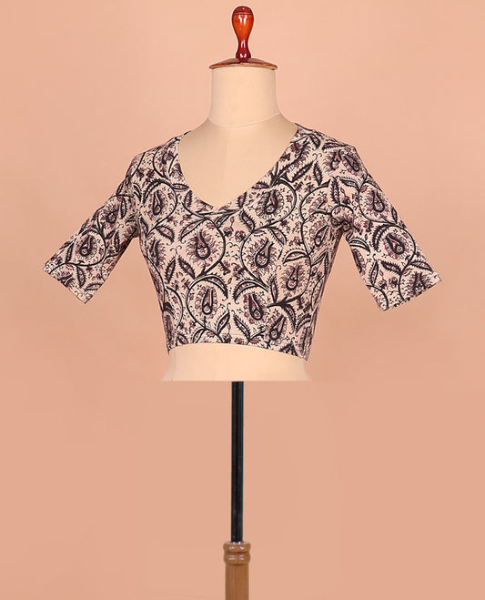 Light sandal floral printed front and back leaf neck elbow sleeve cotton readymade blouse