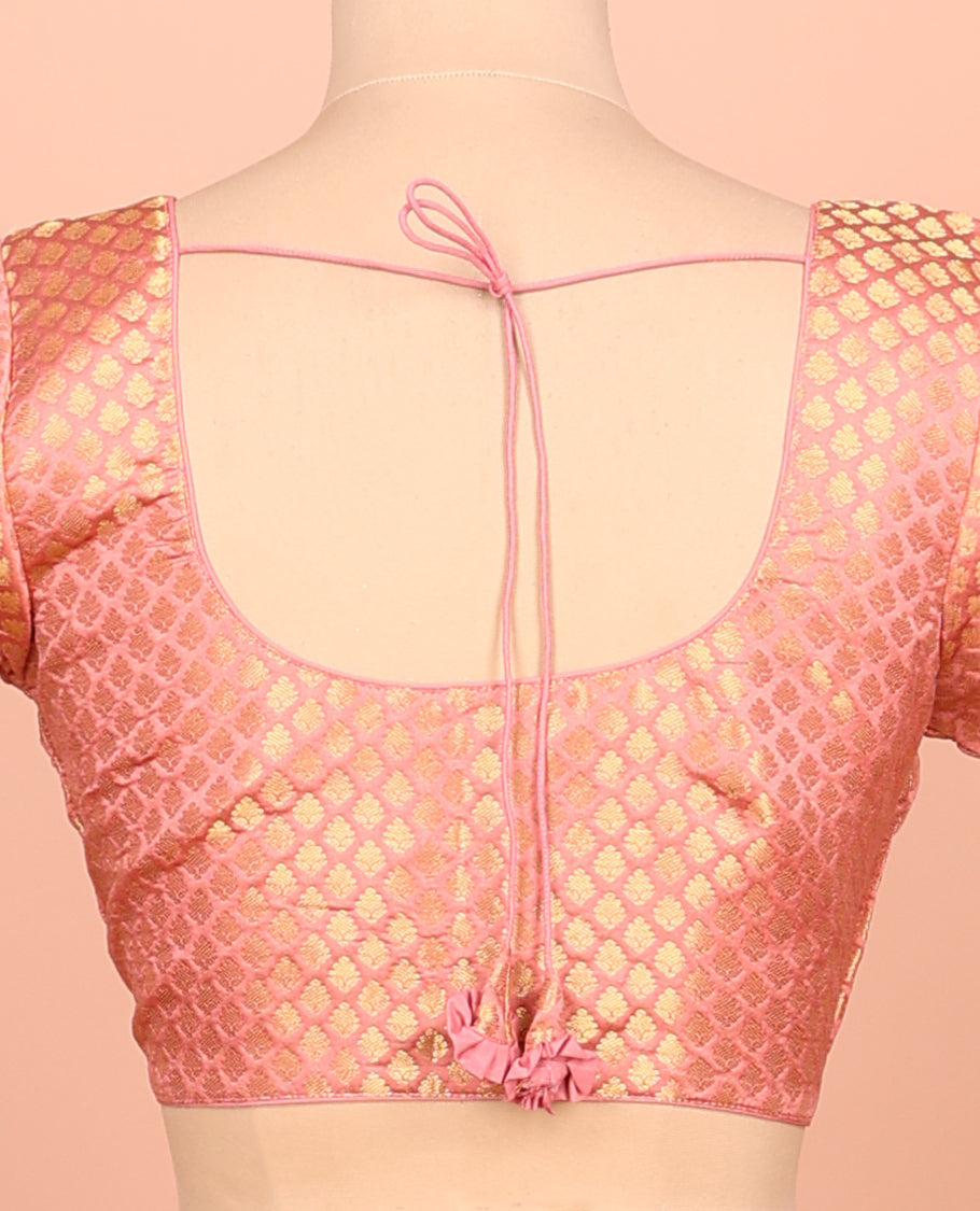 Pink Plain Readymade Blouse Featuring a Front Round-Neck, Back Round-Neck, and Elbow Sleeves