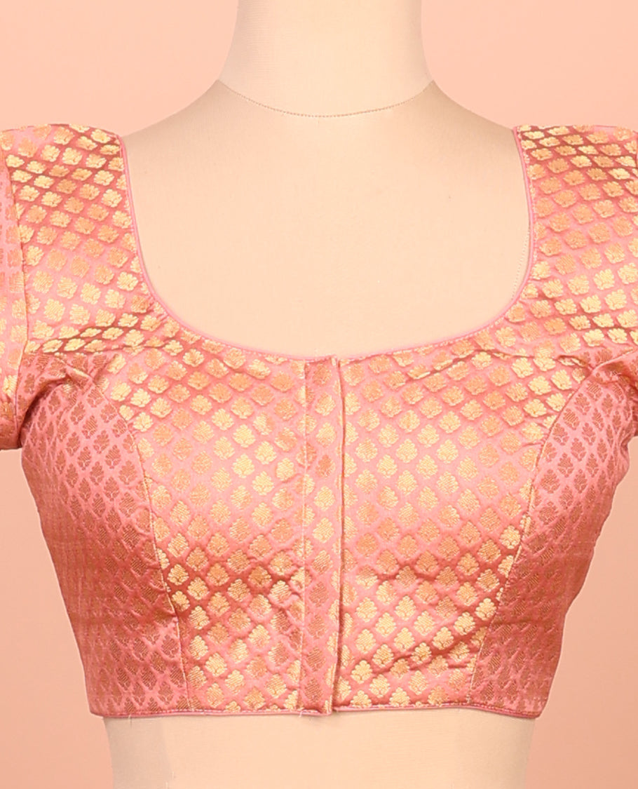 Pink Plain Readymade Blouse Featuring a Front Round-Neck, Back Round-Neck, and Elbow Sleeves