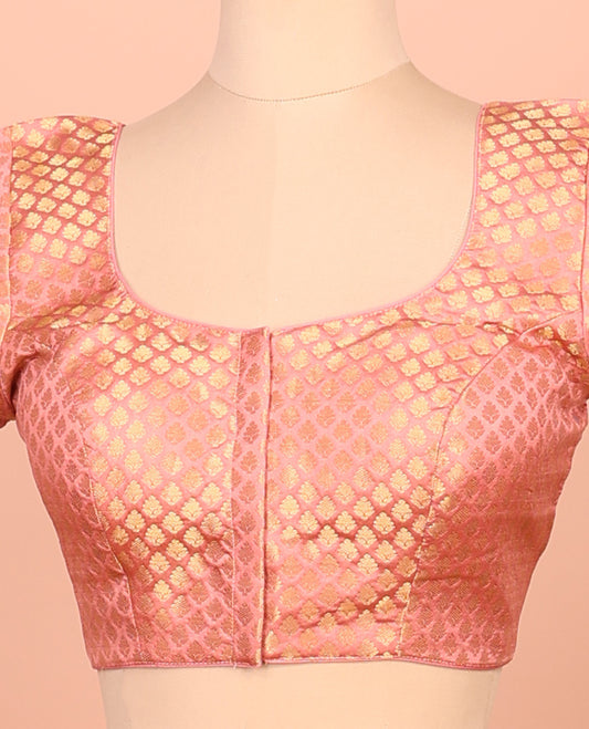 Pink Plain Readymade Blouse Featuring a Front Round-Neck, Back Round-Neck, and Elbow Sleeves