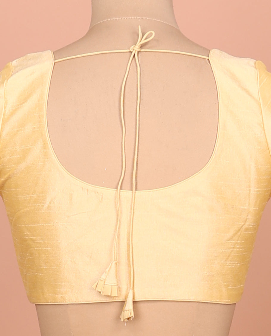 Yellow Plain Readymade Blouse Featuring a Front Round-Neck, Back Round-Neck, and Elbow Sleeves