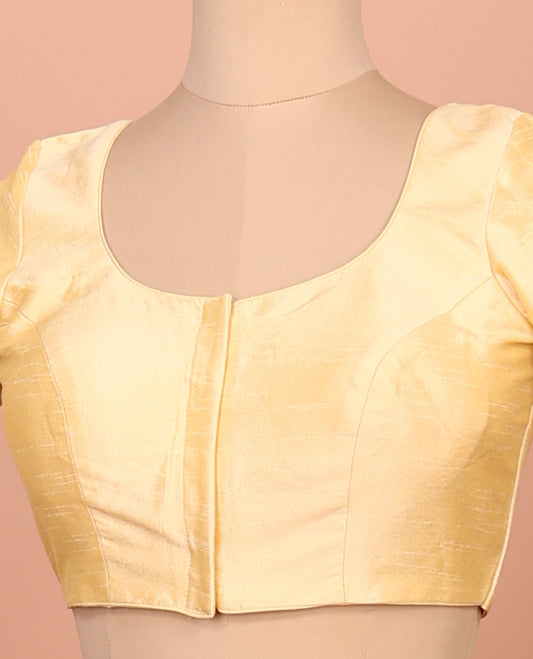 Yellow Plain Readymade Blouse Featuring a Front Round-Neck, Back Round-Neck, and Elbow Sleeves