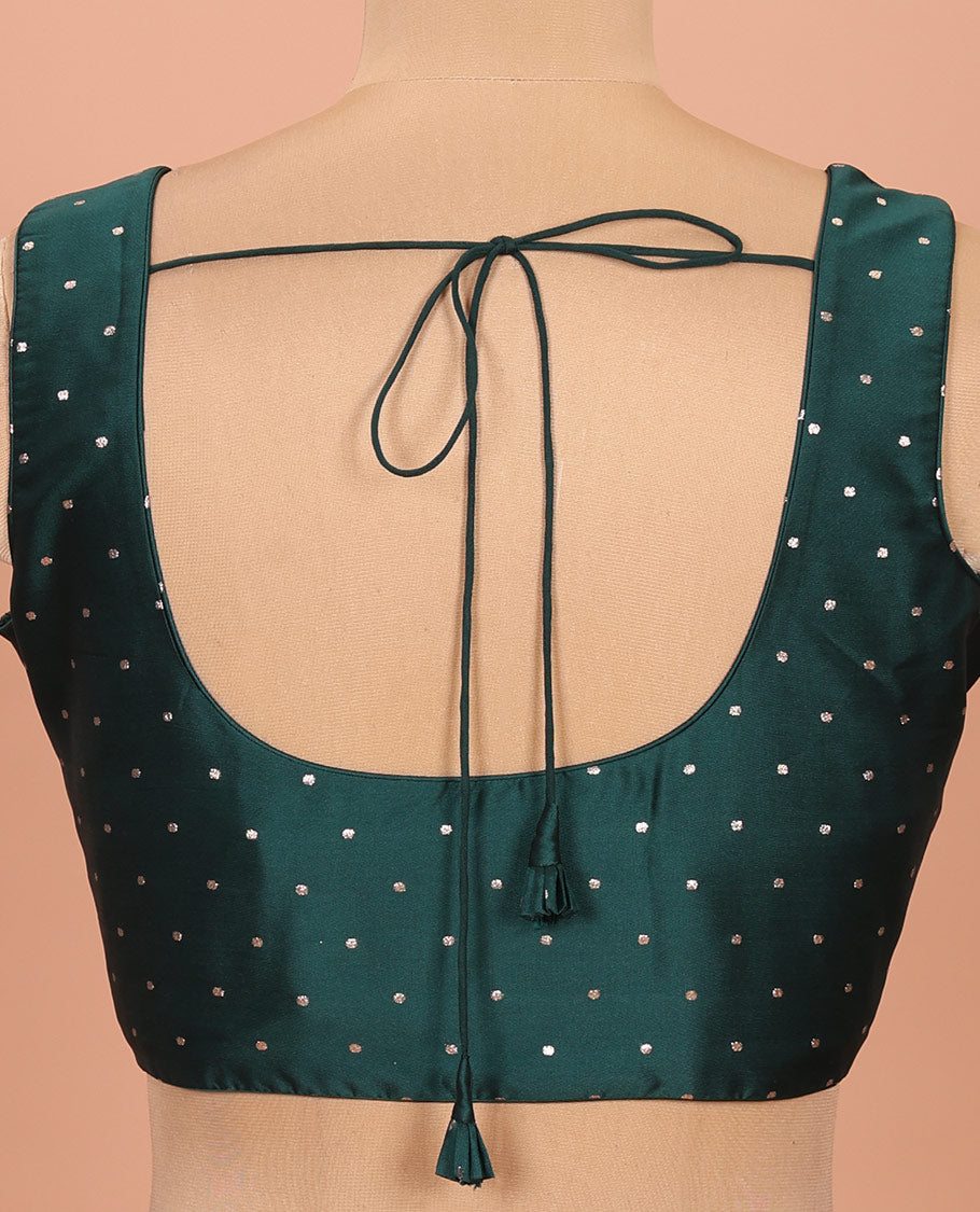Forest green glitter dotted front and back round necked sleeveless readymade blouse