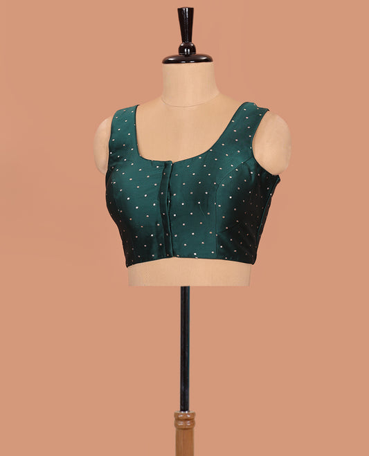 Forest green glitter dotted front and back round necked sleeveless readymade blouse