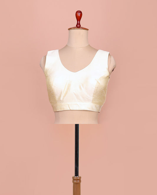 Cream plain front-back V-neck sleeveless readymade blouse