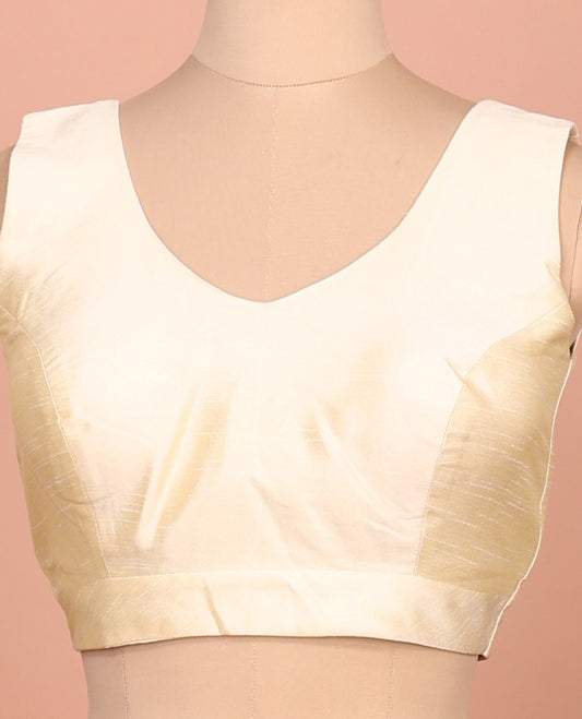 Cream plain front-back V-neck sleeveless readymade blouse