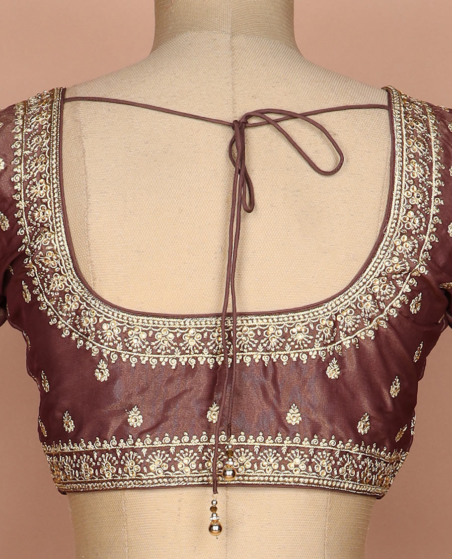 Brown thread embroidered round neck elbow sleeve raw silk readymade blouse