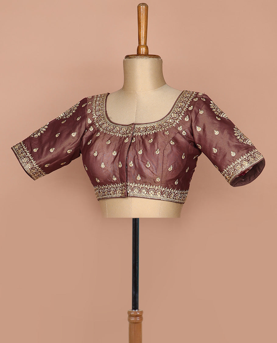 Brown thread embroidered round neck elbow sleeve raw silk readymade blouse
