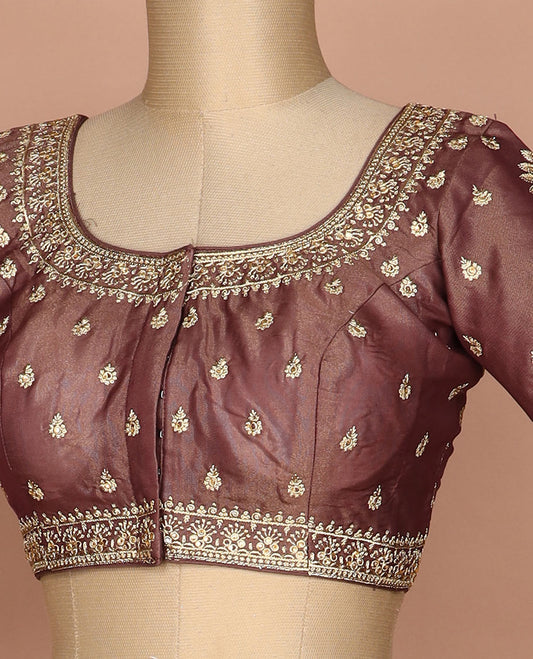 Brown thread embroidered round neck elbow sleeve raw silk readymade blouse